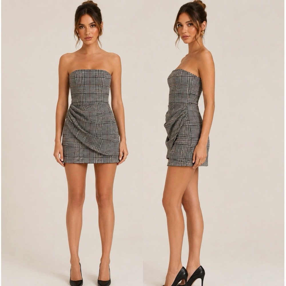 House of Harlow 1960 Ruched Houndstooth Plaid Wool Blend Mini Dress sz Small NWT